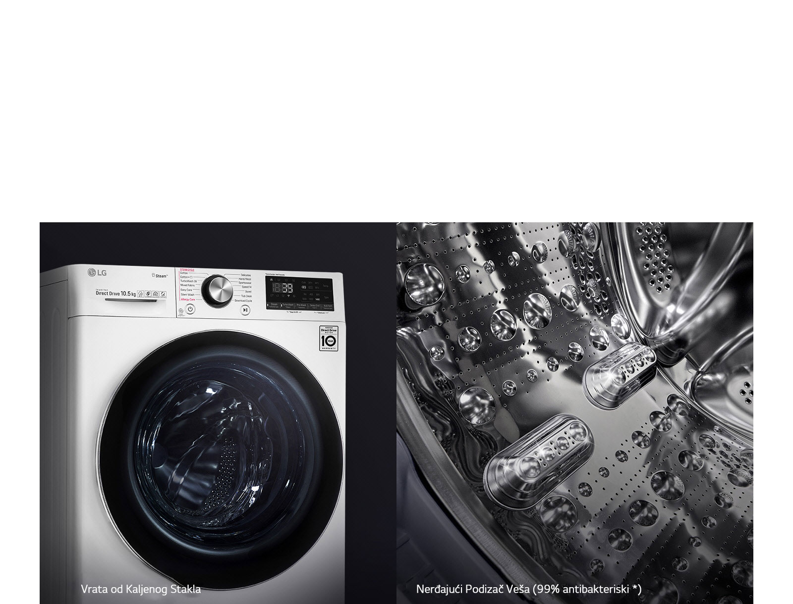 LG mašina za pranje veša sa parom, vrata od kaljenog stakla i nerđajući podizači veša